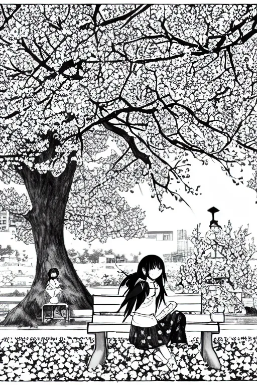 Image similar to black and white manga page, highly detailed pen, shoujo romance, two girls, first girl with long dark hair, second girl with short light hair, sailor uniform, sitting on bench, cherry blossom tree in background with petals floating, drawn by Atsushi Ohkubo