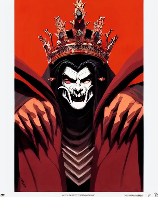 Image similar to handsome vampire king with crown and fangs, symmetrical face, evil, cinematic, dramatic, powerful, super detailed and intricate, by koson ohara, by darwyn cooke, by greg rutkowski, by satoshi kon