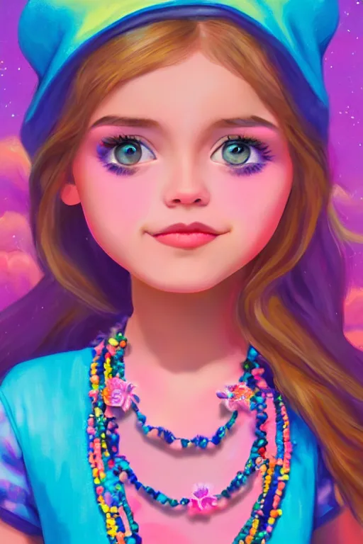 Image similar to matte sharp painting cute little girl hippy denim bellbottom bead necklace, painted by mark rydel artstation behance storybook lisa frank