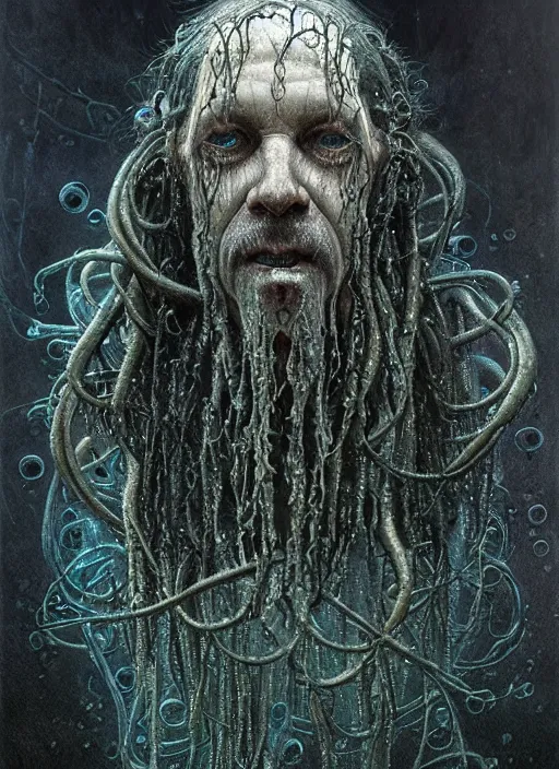 Prompt: portrait of a old lovecraftian underwater fish man hybrid with long wet tattered tangles of thinning black hair, eerie glowing eyes, wall hanging trophy taxidermy, hyper realistic head, fantasy art, in the style of greg rutkowski, zdizslaw beksinski, intricate, alphonse mucha, hyper detailed, smooth