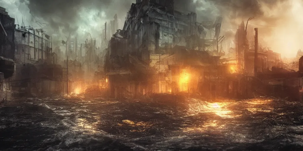 Image similar to wall of water going through city, apocalyptic, end of the world, high detail, dramatic lighting, volumetric, artstation, behance, postapocalyptic world, exploding homes
