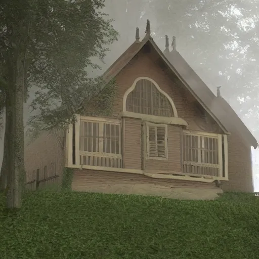 Image similar to render fog highly detailed village house day forest horror fear