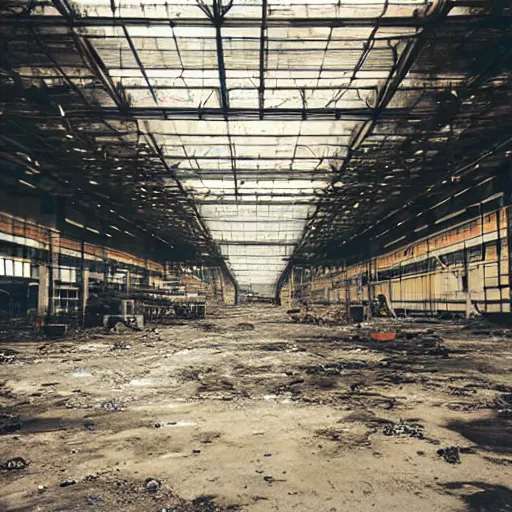 Prompt: picture of the inside of a large scale manufacturing facility, dirty, dusty, abandoned, moody lighting, contrast, photography, wires, lights, conveyor belts, mezzanine, fog