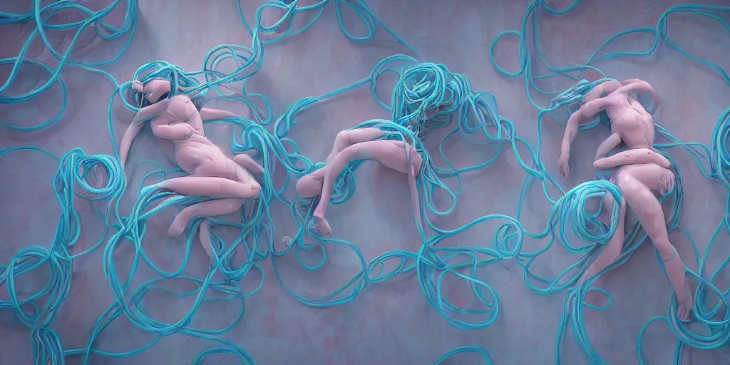 Prompt: soft greek sculpture of intertwined bodies entangled in cables painted by james jean in pastel colors. artwork by Tooth Wu and wlop and beeple and dan mumford and greg rutkowski and nekroxiii. halo. octane render, cinematic, hyper realism, octane render, 8k, depth of field, bokeh. iridescent accents. vibrant.