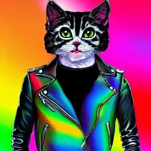 Image similar to wide angle full body, jacket wearing fluffy cute rainbow kitten wearing a black leather motorcycle jacket, concept art