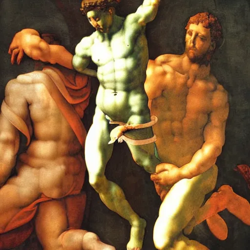 Image similar to high quality high detail painting michelangelo, david after killing giant goliath