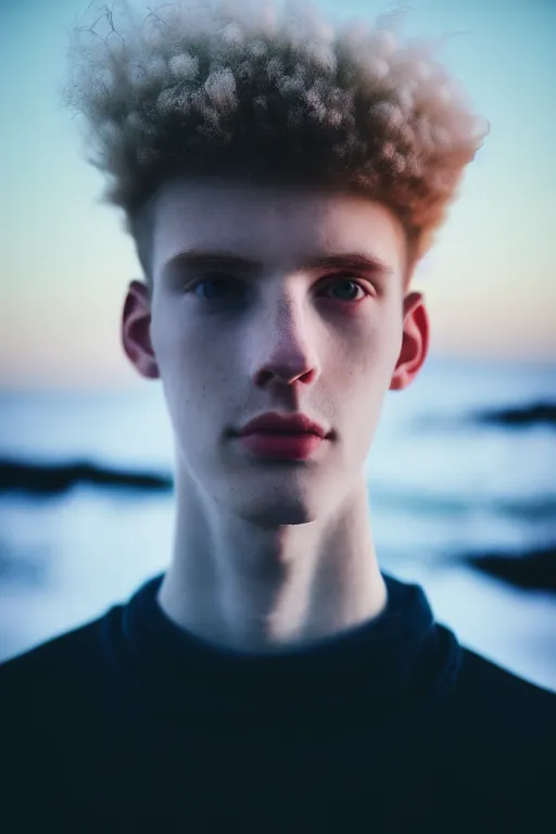 Image similar to high quality pastel coloured film mid angle selfie photograph of a beautiful young 2 0 year old male, soft features, black hair, standing in an icelandic black rock environment. atmospheric. three point light. photographic. art directed. ( pastel colours ). volumetric light. sheen. waves glitch. 8 k. filmic.