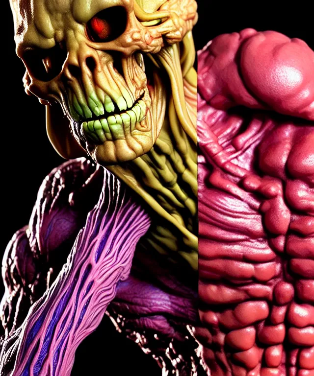 Image similar to hyperrealistic rendering, cronenberg flesh monster skeletor by art of skinner and richard corben and jeff easley, product photography, action figure, sofubi, studio lighting, colored gels