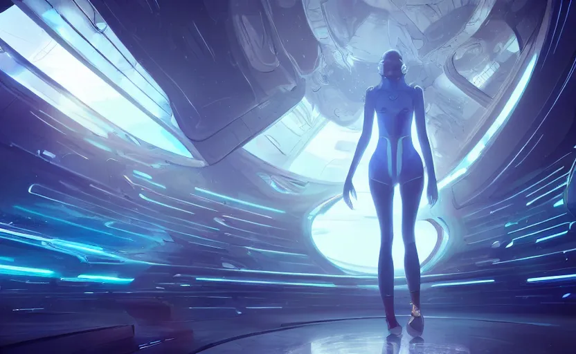 Prompt: beautiful young Himalayan woman, walking empty hall of a spaceship, futuristic, somber, iridescent body suit with glowing stripes, by Makoto Shinkai and Wojtek Fus, by studio trigger, rossdraws, ambient occlusion, clean lineart and color, vibrant, narrow hall, large window, beautiful galaxy