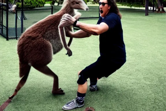 Image similar to weird al fighting a kangaroo in a playground