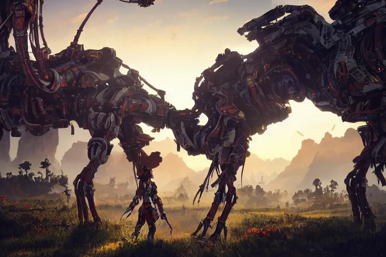 Image similar to tallneck machine mecanical creature robot of horizon forbidden west horizon zero dawn bioluminiscence global illumination ray tracing hdr fanart arstation by ian pesty and alena aenami artworks in 4 k