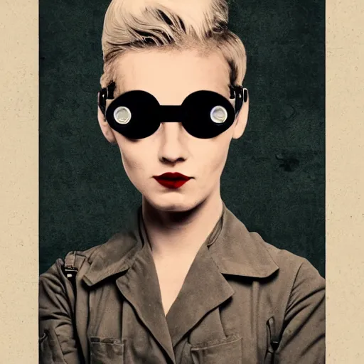 Prompt: tattooed stoic heroic emotionless dirty butch blonde woman engineer with very short slicked - back hair, uncomfortable awkward and anxious, at fancy costume party, wearing dark - lensed victorian goggles, wearing flight suit, moebius, rough paper, smooth median photoshop filter cutout vector, behance hd