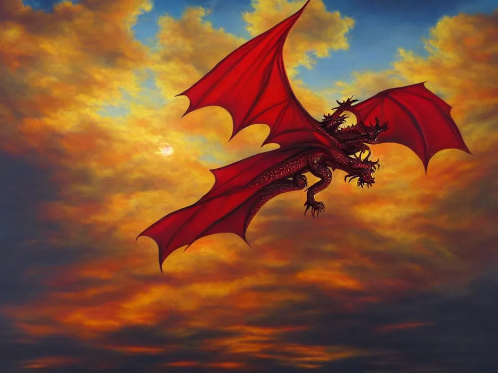 Image similar to A dragon made of rubies and gold flying in sunset clouds, realistic oil painting