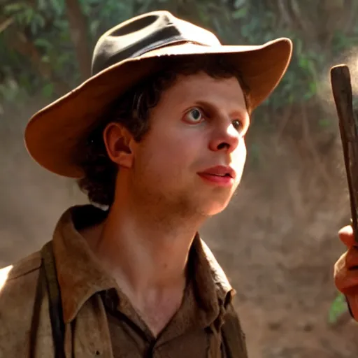 Image similar to Michael Cera as indiana jones in raiders of the lost ark, 8k resolution, full HD, cinematic lighting, award winning, anatomically correct