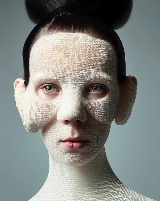 Image similar to portrait of a woman wearing a white embroidered translucent silicone mask and white acid green frizzy hair buns, wearing a black bodysuit by alexander mcqueen, cream white background, soft diffused light, biotechnology, humanoide robot, bjork aesthetic, translucent, by rineke dijkstra, intricate details, highly detailed, masterpiece,