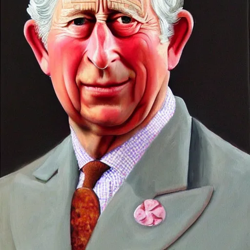 Prompt: an oil painting of prince charles with sausage fingers