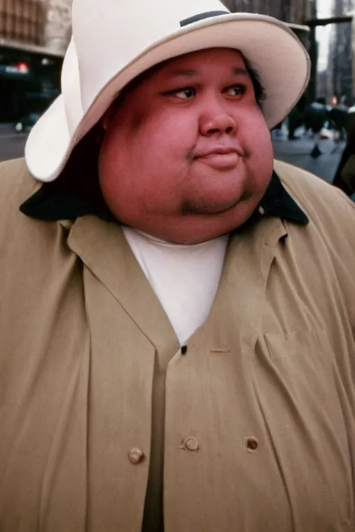 Prompt: close-up film photography 1970s, portrait of fat man in white hat, New York City, soft light, 35mm, film photo, Joel Meyerowitz