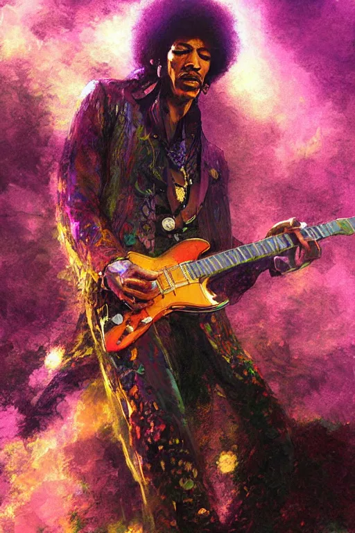 Image similar to jimi hendrix on stage, purple haze, an epic painting, volumetric lighting, intricate, elegant, highly detailed, digital painting, artstation, concept art, smooth, sharp focus, art by greg rutkowski