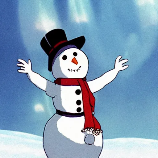 Image similar to an anime character wearing a snowman onsie, film by studio ghibli