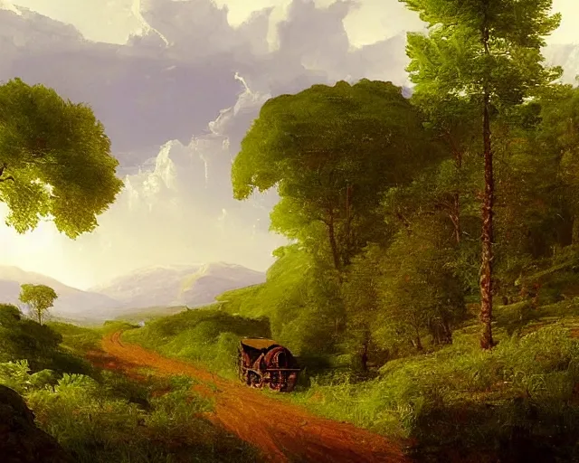 Image similar to a painting of a covered wagon traveling down a road by a mountain, lush countryside, early morning, thomas cole, ted nasmith