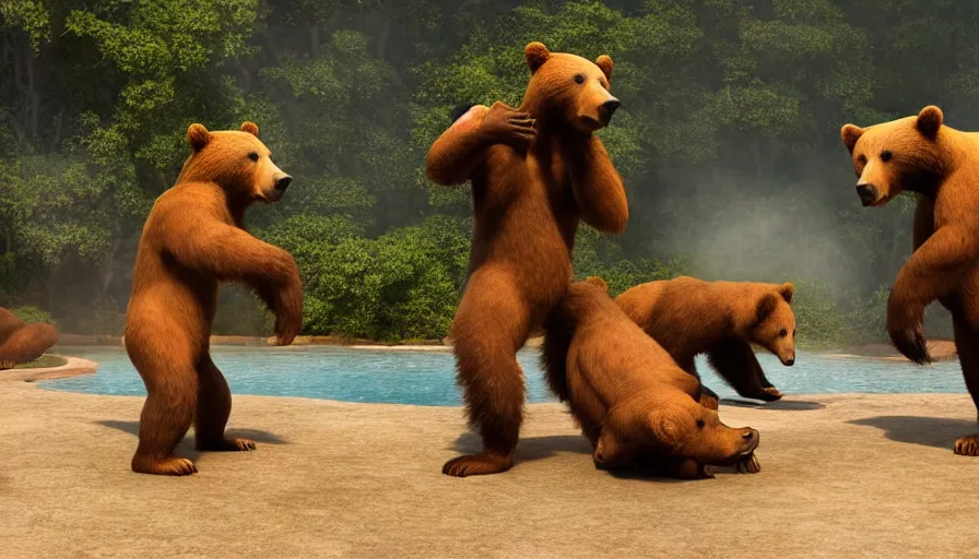 Image similar to fullbody portrait of bears playing capoeira in a hot spring. volumetric light, detailed, photorealistic, fantasy, rendered in octane