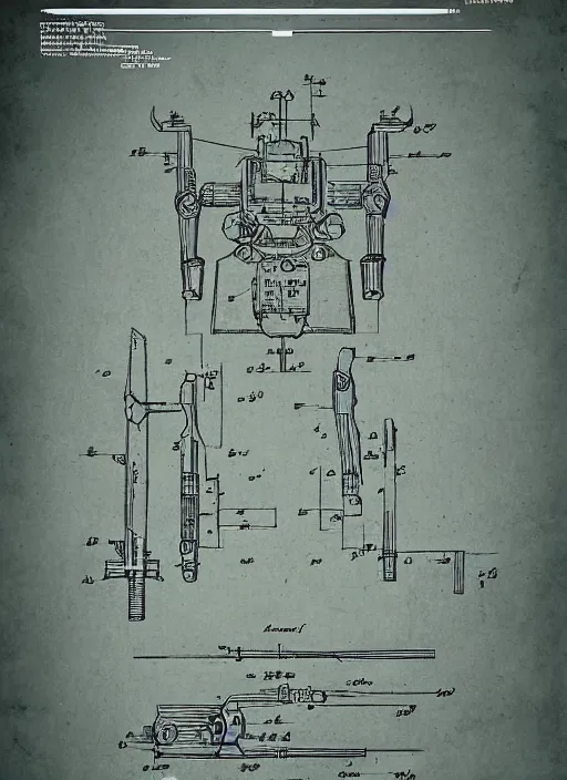 Image similar to battletech mech with axe for a hand cross - section blueprints by thomas hubert. in the style of a 1 9 0 3 patent design diagram