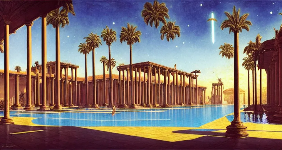 Image similar to a large tiled swimming pool with many palm trees surrounded by roman architecture columns and statues, underneath a star filled night sky, harold newton, zdzislaw beksinski, donato giancola, warm coloured, gigantic pillars and flowers, maschinen krieger, beeple, star trek, star wars, ilm, atmospheric perspective