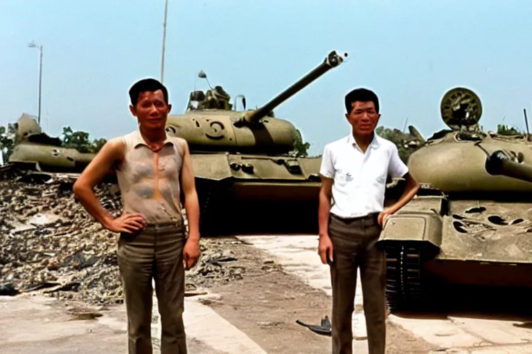 Image similar to a photo of a two mans posing in front of tank in destroyed vietnamese city, us journalism ministry photo, 1 9 6 9, color photo, perfect faces, fine details, fim still