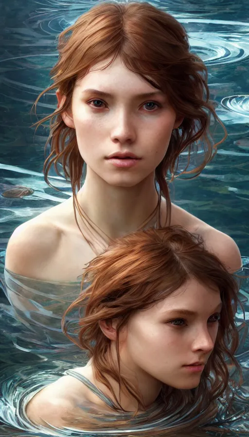 Image similar to girl in a river, fibonacci, sweaty, insane, intricate, highly detailed, digital painting, artstation, concept art, smooth, sharp focus, illustration, Unreal Engine 5, 8K, art by artgerm and greg rutkowski and alphonse mucha