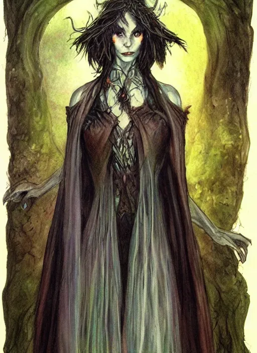 Image similar to portrait of lithe female sorceress of the fey, beautiful! coherent! dungeons and dragons character, by brian froud, strong line, night color, high contrast