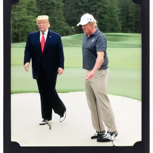 Image similar to Trump playing golf with Putin, realistic photo, 50mm, polaroid