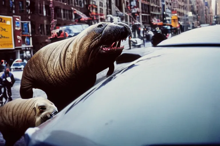 Image similar to closeup potrait of a walrus chasing people in a new york street, natural light, sharp, detailed face, magazine, press, photo, Steve McCurry, David Lazar, Canon, Nikon, focus