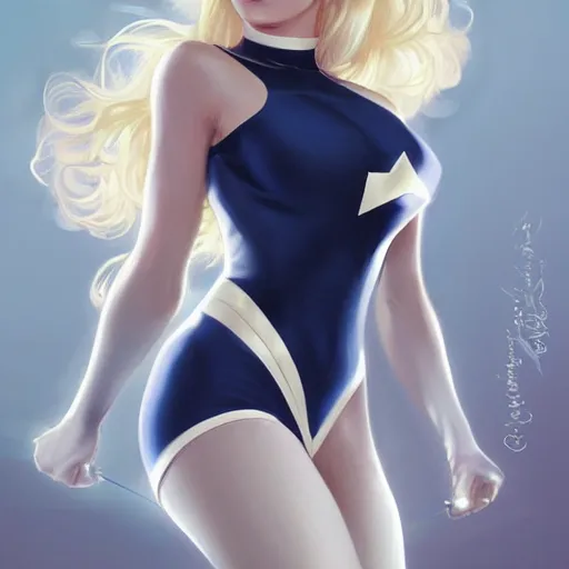 Image similar to a beautiful portrait of a beautiful cute superhero woman, blonde hair, matte navy - blue bodysuit with a white star and white cape, intricate, elegant, 8 k, highly detailed, digital painting, concept art, smooth, sharp focus, illustration, disney, anime, by artgerm and loish and wlop and alphonse mucha