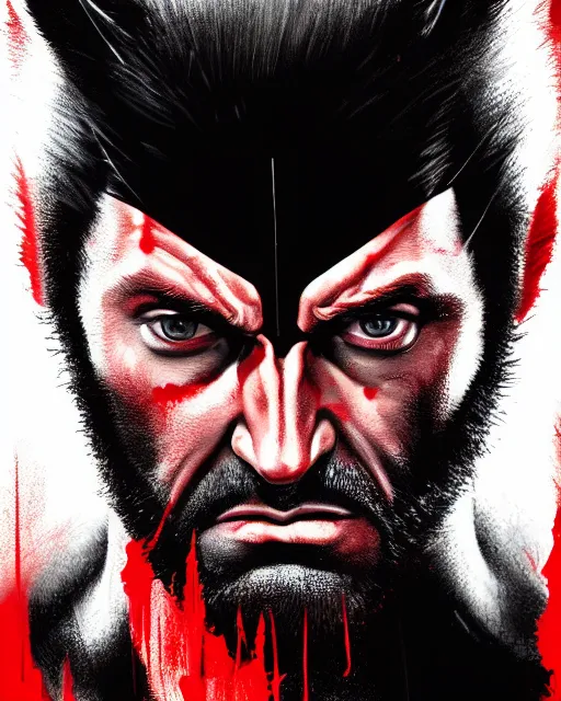 Image similar to beautiful digital painting of marvels wolverine, black and red color scheme, hyper realistic photo, 8 k., dramatic lighting, bloody