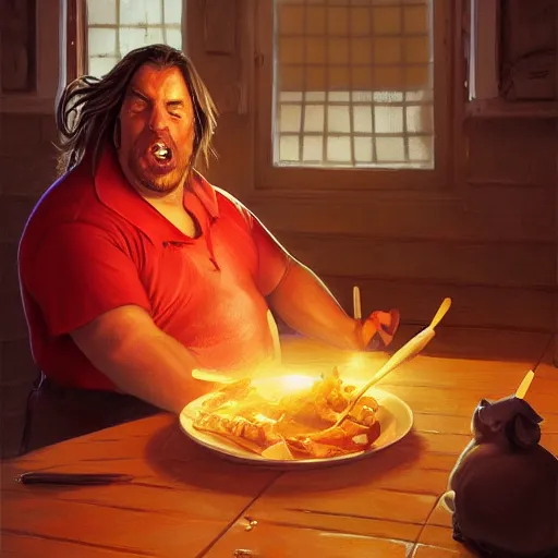 Image similar to portrait of a half fatman half pig with long hair tied in a ponytail, light stubble with red shirt eating kebab ,digital art,photorealistoc,art by greg rutkowski,hyperdetailed,western comic style,comic,comic style,sharp lineart,professional lighting,deviantart,artstation,trevor henderson,rossdtaws,cinematic,dramatic