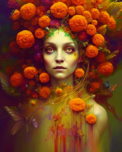 Image similar to Full View Portrait Mystical ethereal marigold deity wearing beautiful dress, marigold Dryad, 4k digital masterpiece by Anna dittman and Ruan Jia and Alberto Seveso, fantasycore, Hyperdetailed, realistic oil on linen, soft lighting, marigold background, featured on Artstation