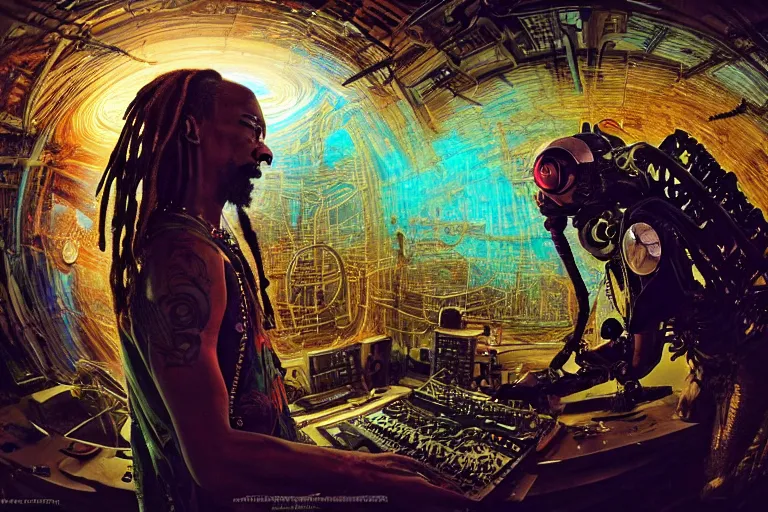 Image similar to a fisheye lens photo of a post apocalyptic tribal cyborg snoop dogg tweaking and playing synthesizers in the most complicated and technical spiral fractal musical studio, powerful, cinematic, beautifully lit, by donato giancola, by artgerm, by karol bak, 3 d, perfect face and body, trending on artstation, octane render, 8 k