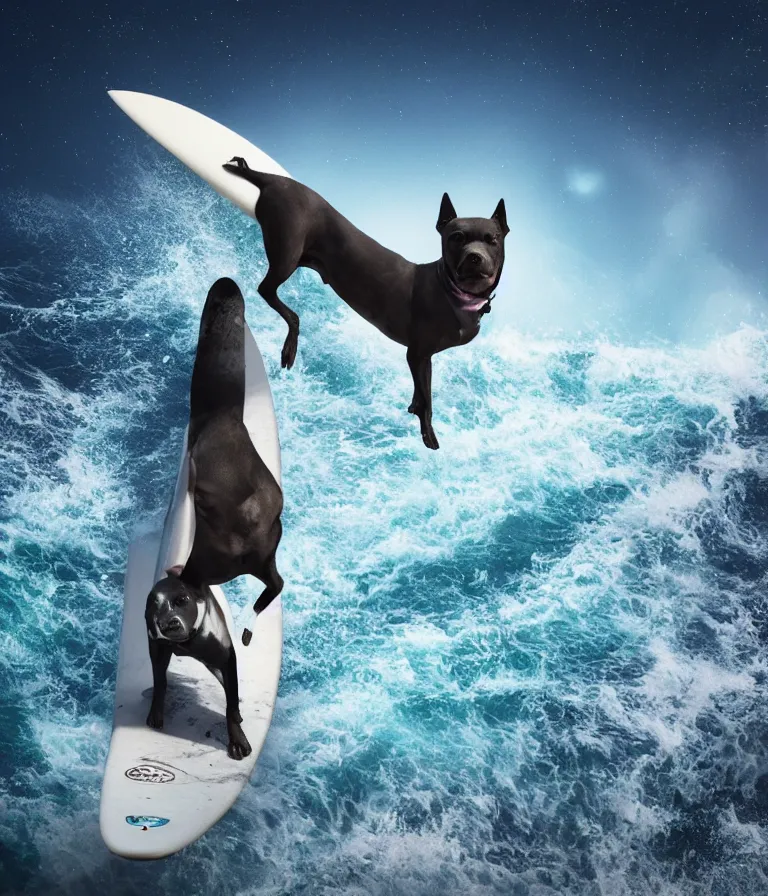 Image similar to photo of a dark gray coat pit bull with a white paws!, surfing on a surfboard in a crashing wave of alien ocean in space, background is an alien galaxy, aliens in the background, alien colors, octane render, unreal engine, wide view, 8 k, highly detailed