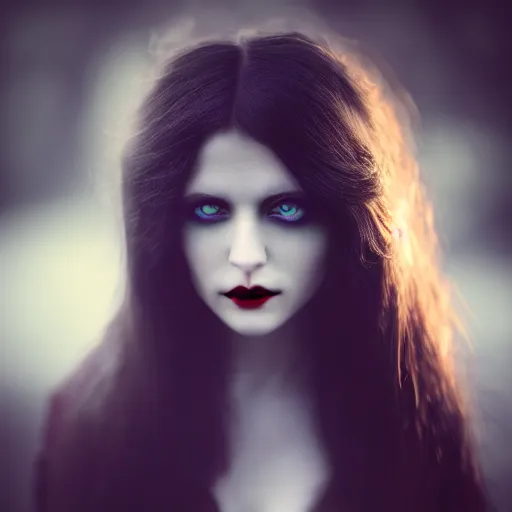 Image similar to portrait brunette vampire, Captivating, regal, high society, New Tales of the Vampires character, Highgate cemetery, face centred, fog, volumetric lighting, beautiful, night time, blueish moonlight, sharp focus, ultra detailed, cgsociety