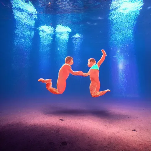 Prompt: midgets dancing underwater glowing mystery