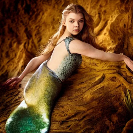 Prompt: natalie dormer as a mermaid, highly detailed award winning fantasy photography, backlit, album cover