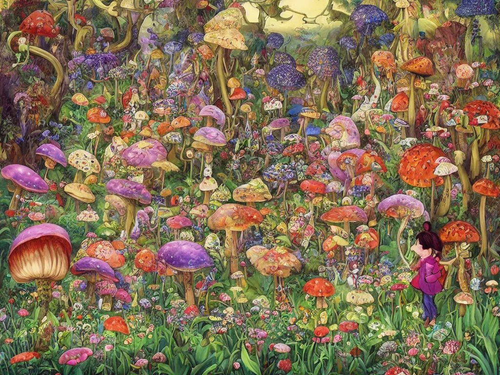 Prompt: in a field of gigantic flowers, giant mushrooms and monstrous fungi, there sits a huge humongous Caterpillar of Papilio machaon and smokes a hookah shisha oriental pipe. Fantastic vibrant Alice in wonderland scene Painted by Mikhail Fedorovich Larionov, Shaun Tan, and Ivan Bilibin