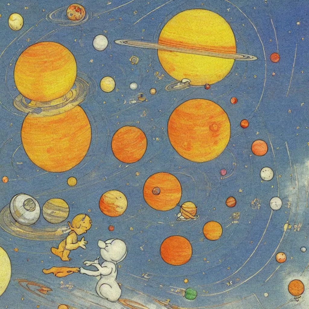 Prompt: saturn, cute, art print, full frame, solar system, lithography, baby room, by elsa beskow