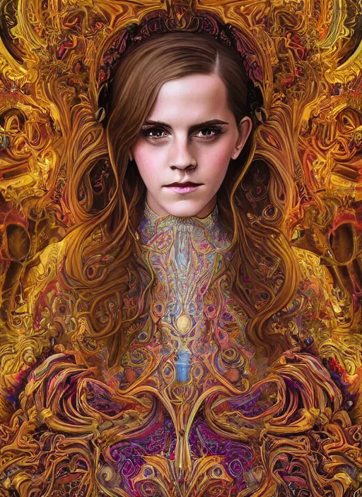 Image similar to beautiful oil painting, full length portrait of Emma Watson in baroque coronation robes 1701, Dan Mumford, Dan Mumford, Alex grey, highly detailed , lsd visuals, dmt fractal patterns, hallucinogen, visionary art, psychedelic art, ornate, vaporwave, baroque, Greg rutkowski