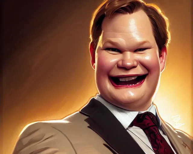 Image similar to close up of andy richter smiling wearing a brown suit and necktie, focus, d & d, intricate, elegant, highly detailed, digital painting, artstation, concept art, matte, sharp focus, illustration, hearthstone, art by artgerm and greg rutkowski and alphonse mucha