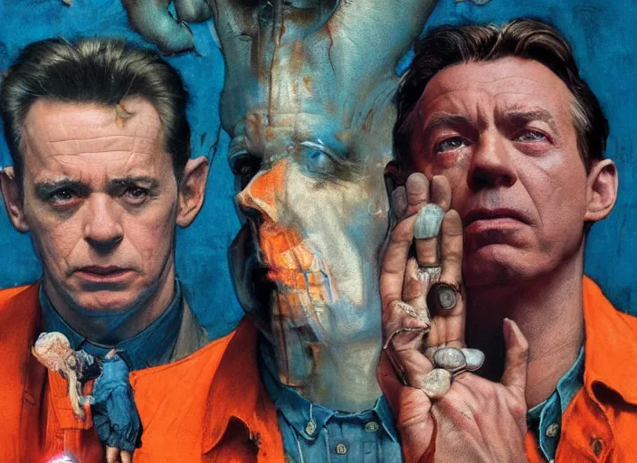 Prompt: a still from the movie avengers : endgame by of francis bacon and norman rockwell and james jean, a still from the movie the shawshank redemption, still from the movie pulp fiction, triadic color scheme, by greg rutkowski, syd mead and edward hopper and norman rockwell and beksinski, dark surrealism, orange and turquoise