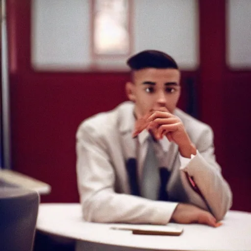 Image similar to A young man in a suit sits at a table , USSR logo in background, bokeh, cinestill, fine details