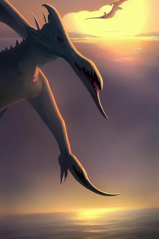 Image similar to a large pterosaur creature hybrid kaiju, large fangs and a long beak, stepping out of the fog high in the sky near a small cliff, sunset, backlit, by makoto shinkai an krenz cushart