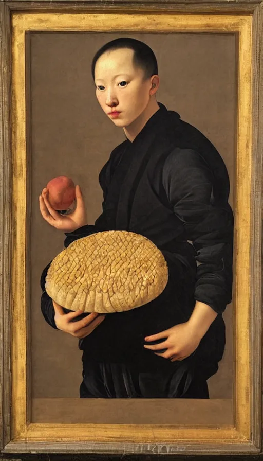 Image similar to hyperrealistic still life painting of a young man with a basket of bao by Caravaggio, botanical print