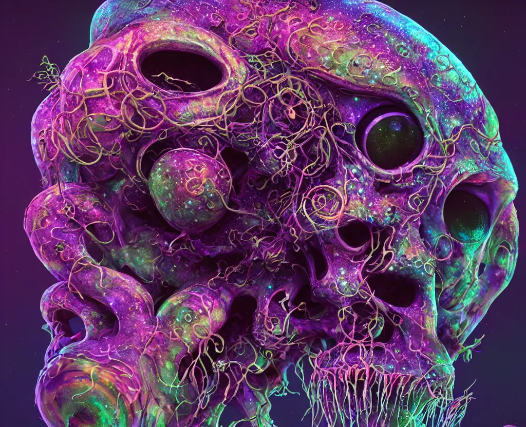 Image similar to psychedelic shaman close - up portrait goat skull. jellyfish phoenix head, nautilus, orchid, monkey skull, betta fish, bioluminiscent creatures, intricate artwork by tooth wu and wlop and beeple. octane render, trending on artstation, greg rutkowski very coherent symmetrical artwork. cinematic, hyper realism, high detail, octane render, 8 k